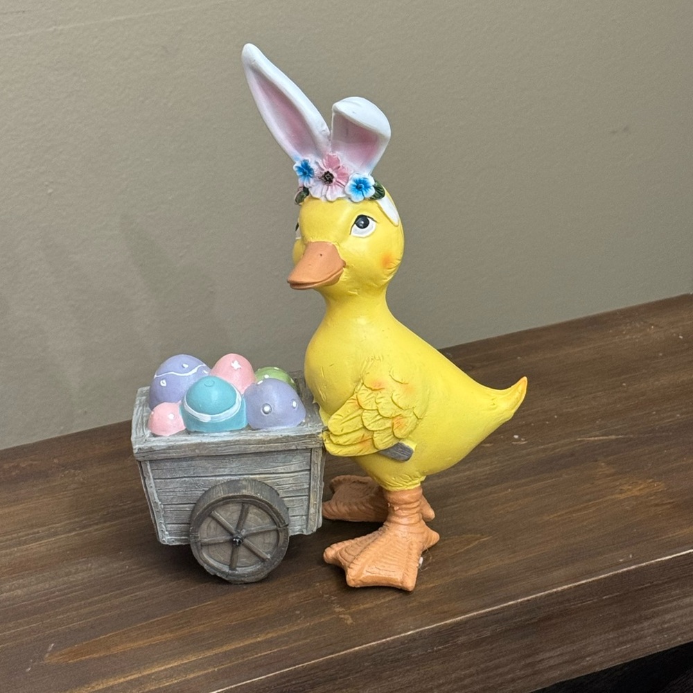 Yellow Duck Figurine with Bunny Ears and Egg Cart